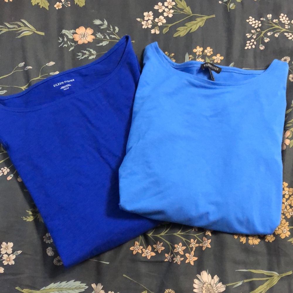 Eileen Fisher Set of 2 Long Sleeve Tunic Top Shirts Light and Dark Blue Size XS
